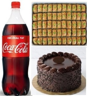 Akşam Keyfi Paketi Yaş Pasta Fıstıklı Baklava ve Litrelik Cola Muğla pasta